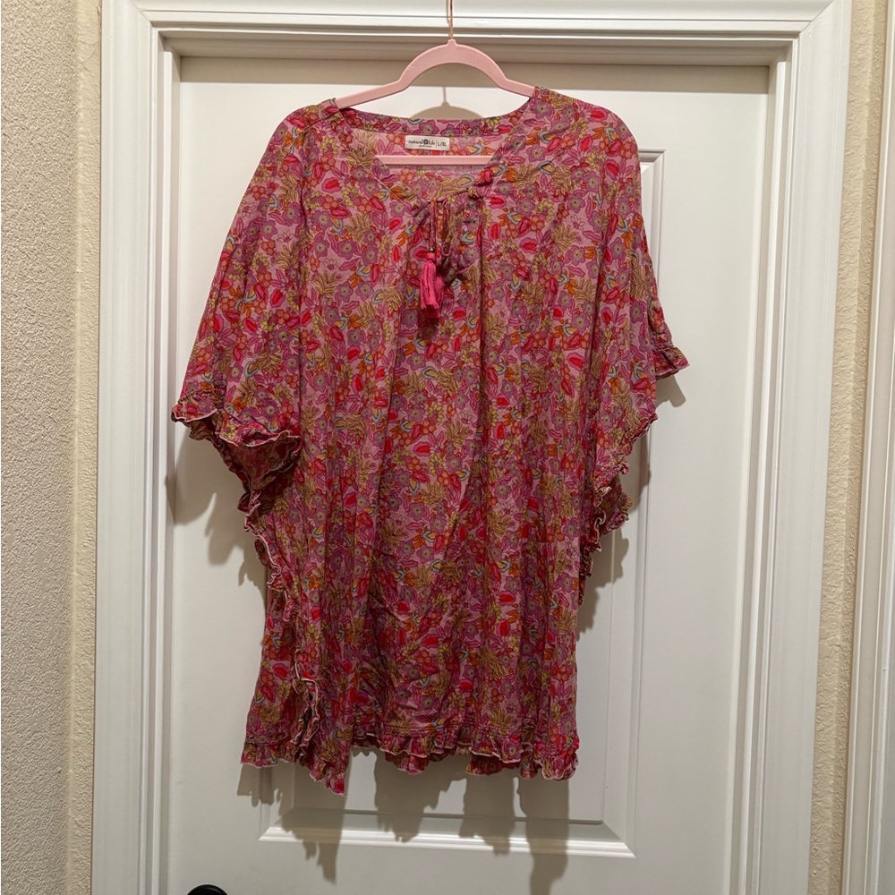 Natural Life Cotton Ruffle Cover-Up Leafy Pink Floral